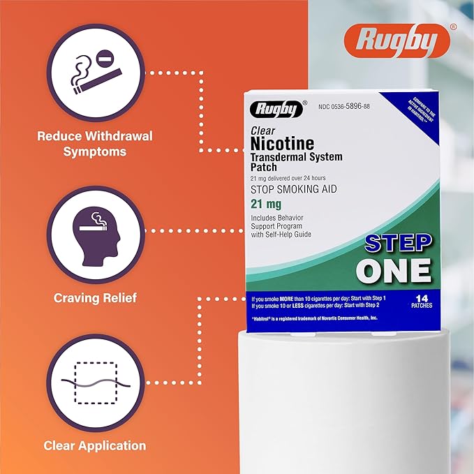 Rugby Clear Nicotine Patches - 21mg Transdermal System Patch Quit smoking with this Step 3 nicotine patch that delivers 7 mg over 24 hours, reduces cravings, and includes behavior support from Rugby Laboratories.- Step 1 - 14 Count (1 Pack) - Image 3